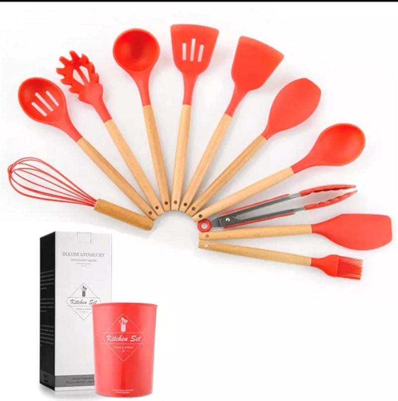 Kitchen & Dining Silicone Cooking Utensils Set, Utensils Set 12Pcs,Food Grade Safety Silicone Utensils with Wooden Handles, Heat Resistant Tools Set, Used with Non-Stick Cookware (Red)